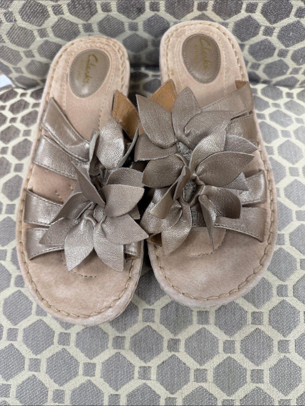 Clarks Metallic Taupe Floral Slide Sandals - Picture 2 of 5